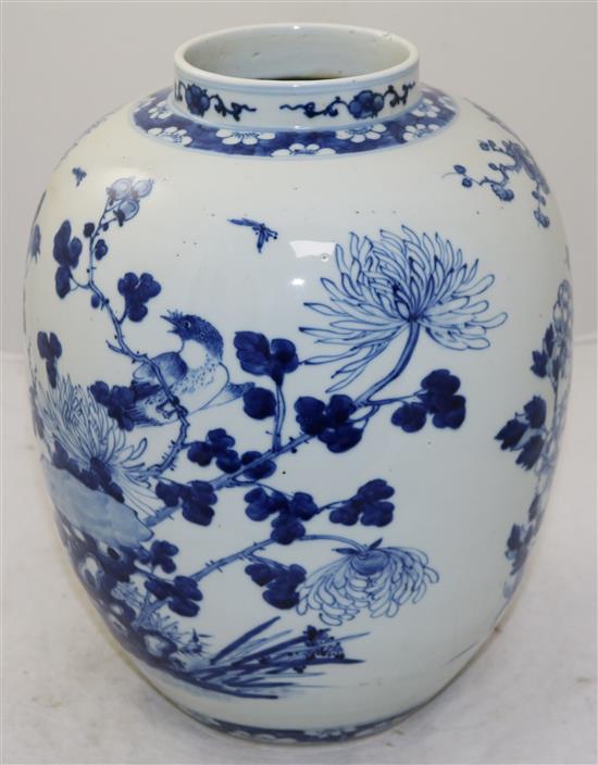 A Chinese blue and white ovoid jar, Kangxi mark, late 19th century, 32cm, wood stand